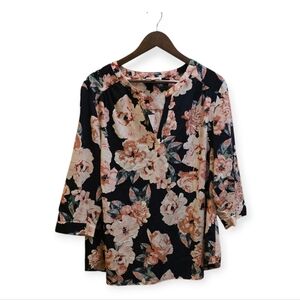 Eliane Rose Navy Floral Blouse 3/4 Sleeve V-Neck Work Top 1X